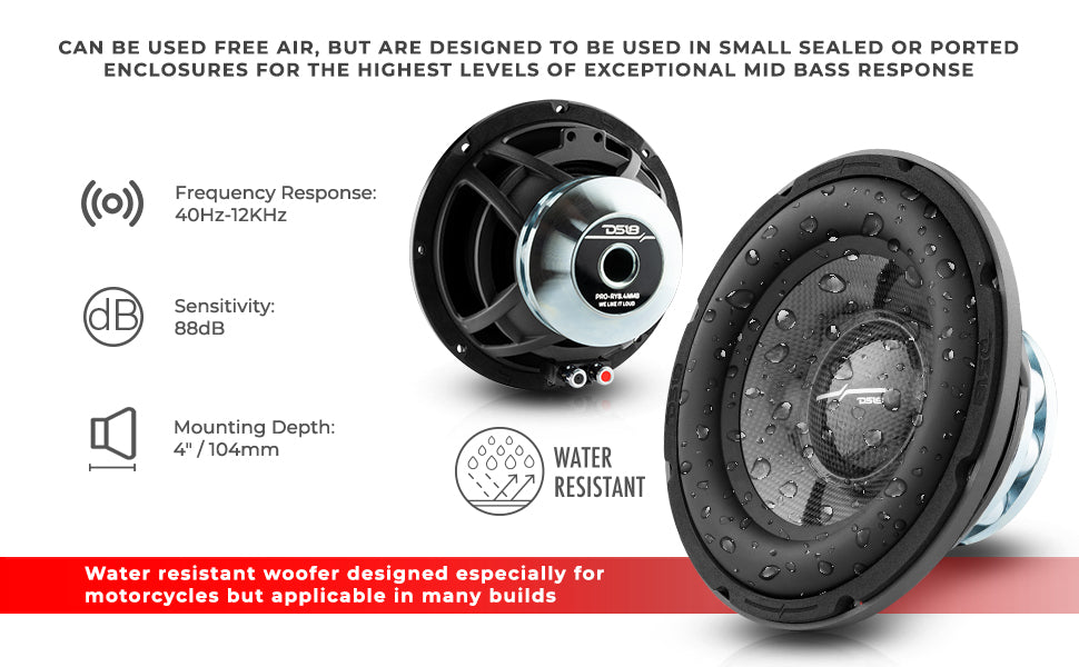 PRO 8" Neodymium Water resistant Carbon Fiber Cone Mid-Bass Woofer 250 Watts Rms 4-Ohm - DS18
