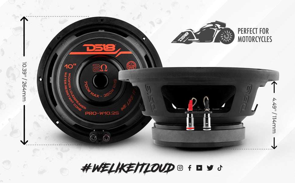 PRO 10" Water Resistant Woofer 350 Watts Rms 2-Ohm SVC - DS18