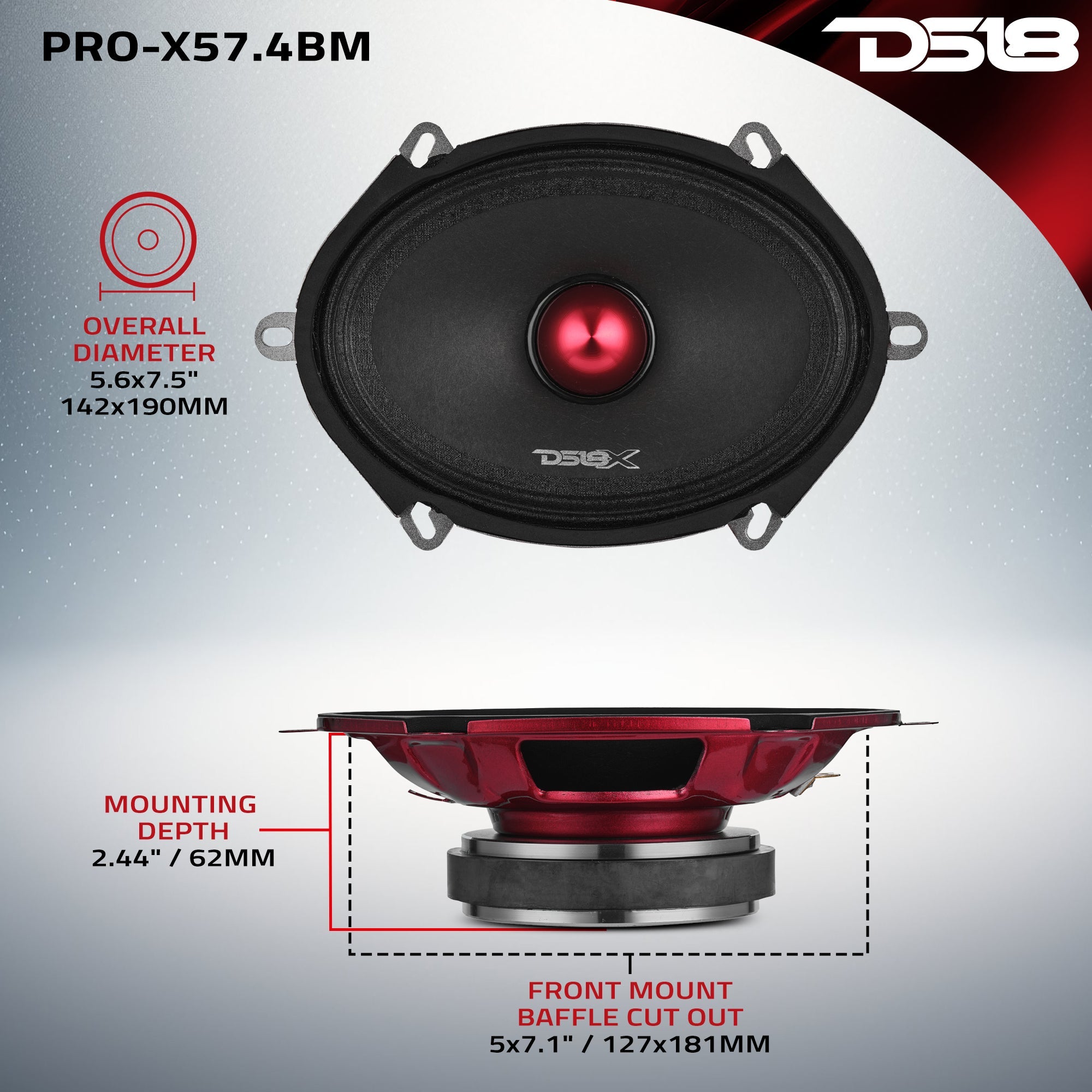 PRO-X 5x7” Mid-Range Loudspeaker with Bullet | 175W RMS 4-Ohm - DS18