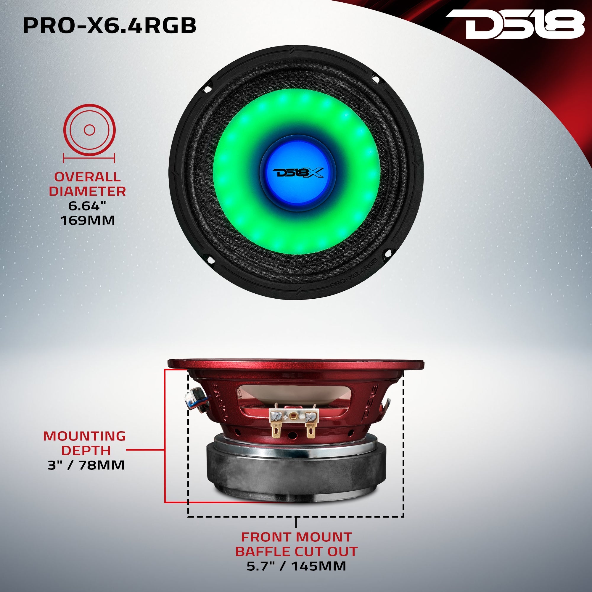 6.5" Mid-Range Loudspeaker with Dual RGB LED For Cone & Dust Cap 250 Watts 4-Ohm - DS18