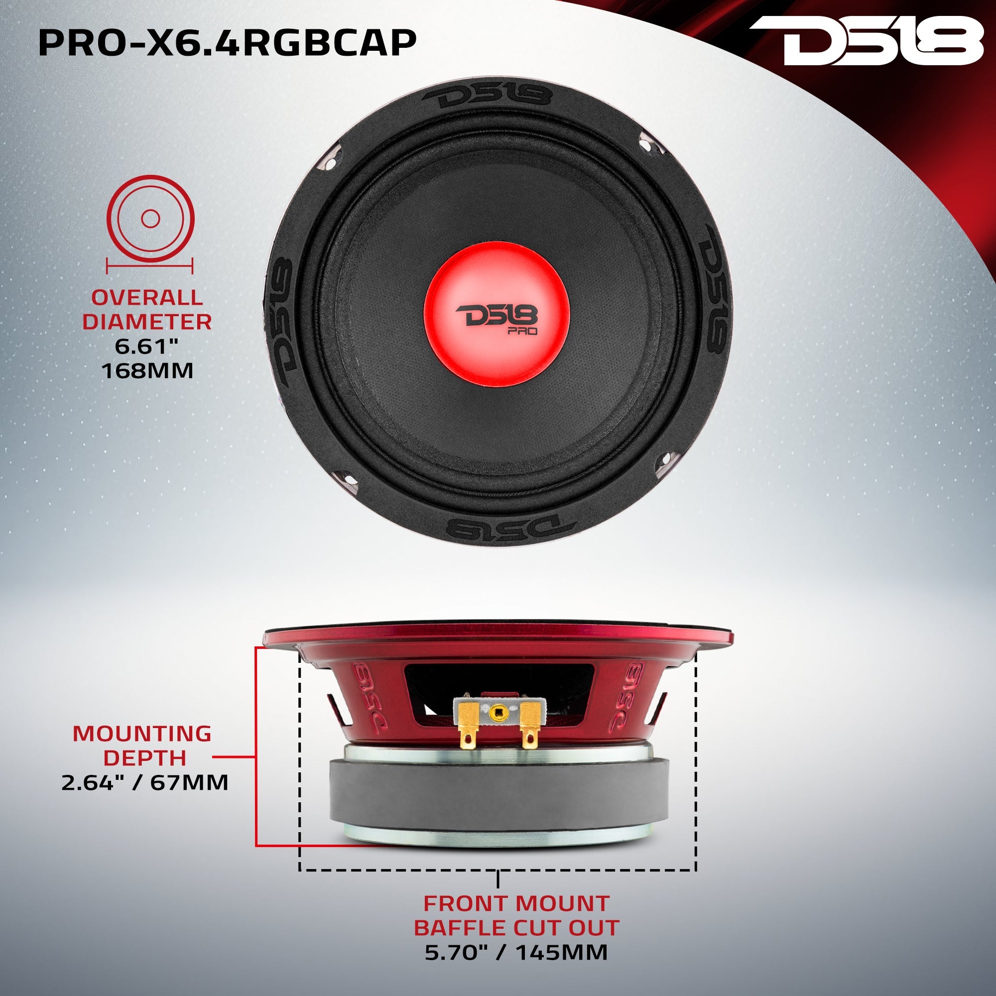 PRO-X 6.5" Mid-Range Loudspeaker with RGB Light Dust Cap 250 Watts Rms 4-Ohm - DS18