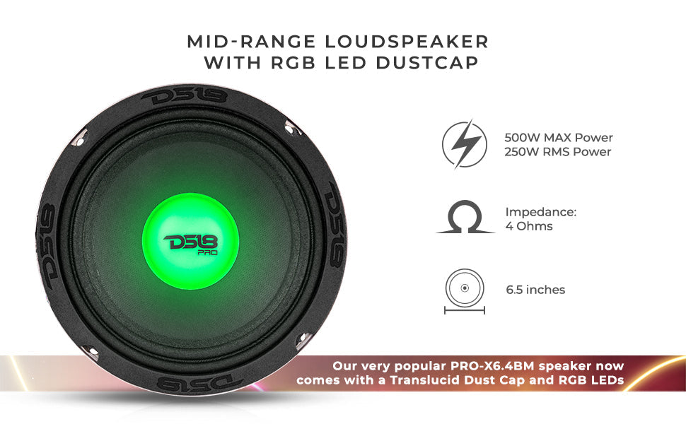 PRO-X 6.5" Mid-Range Loudspeaker with RGB Light Dust Cap 250 Watts Rms 4-Ohm - DS18