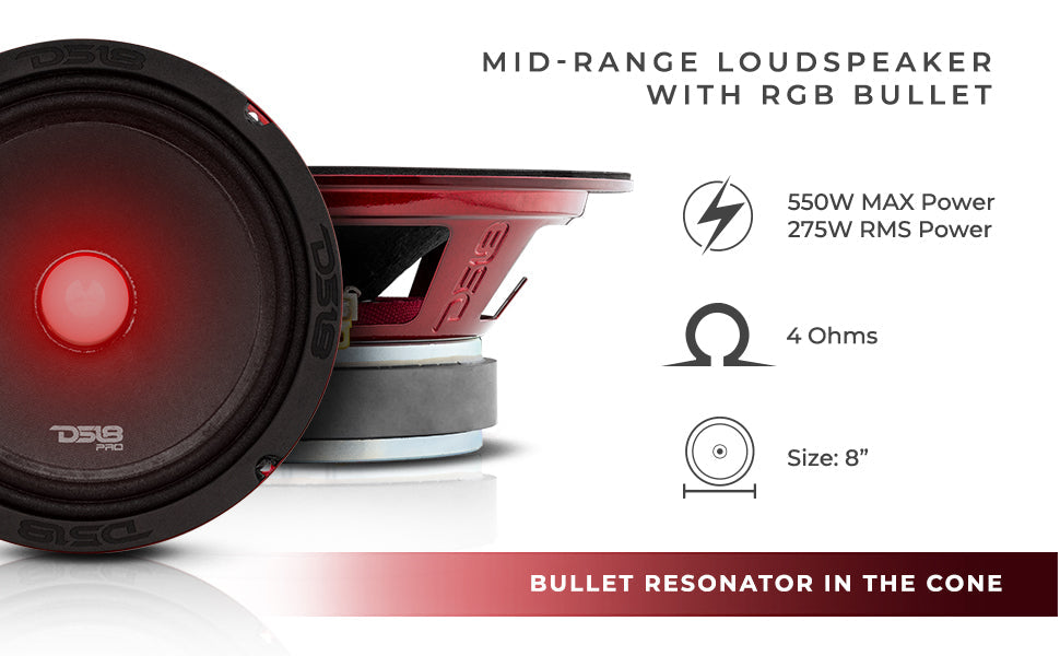 PRO-X 8" Mid-Range Loudspeaker with RGB Light Bullet 275 Watts Rms 4-Ohm - DS18