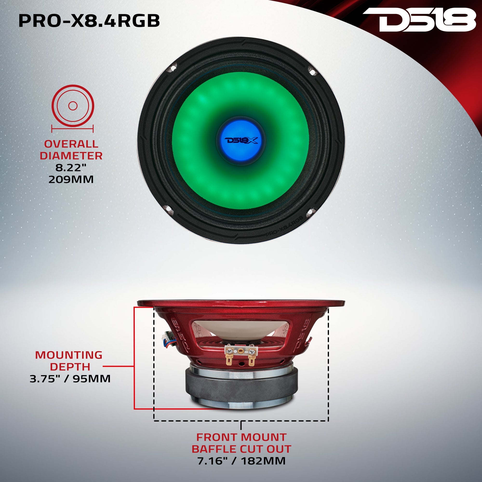 8" Mid-Range Loudspeaker with Dual RGB LED For Cone & Dust Cap 275 Watts 4-Ohm - DS18