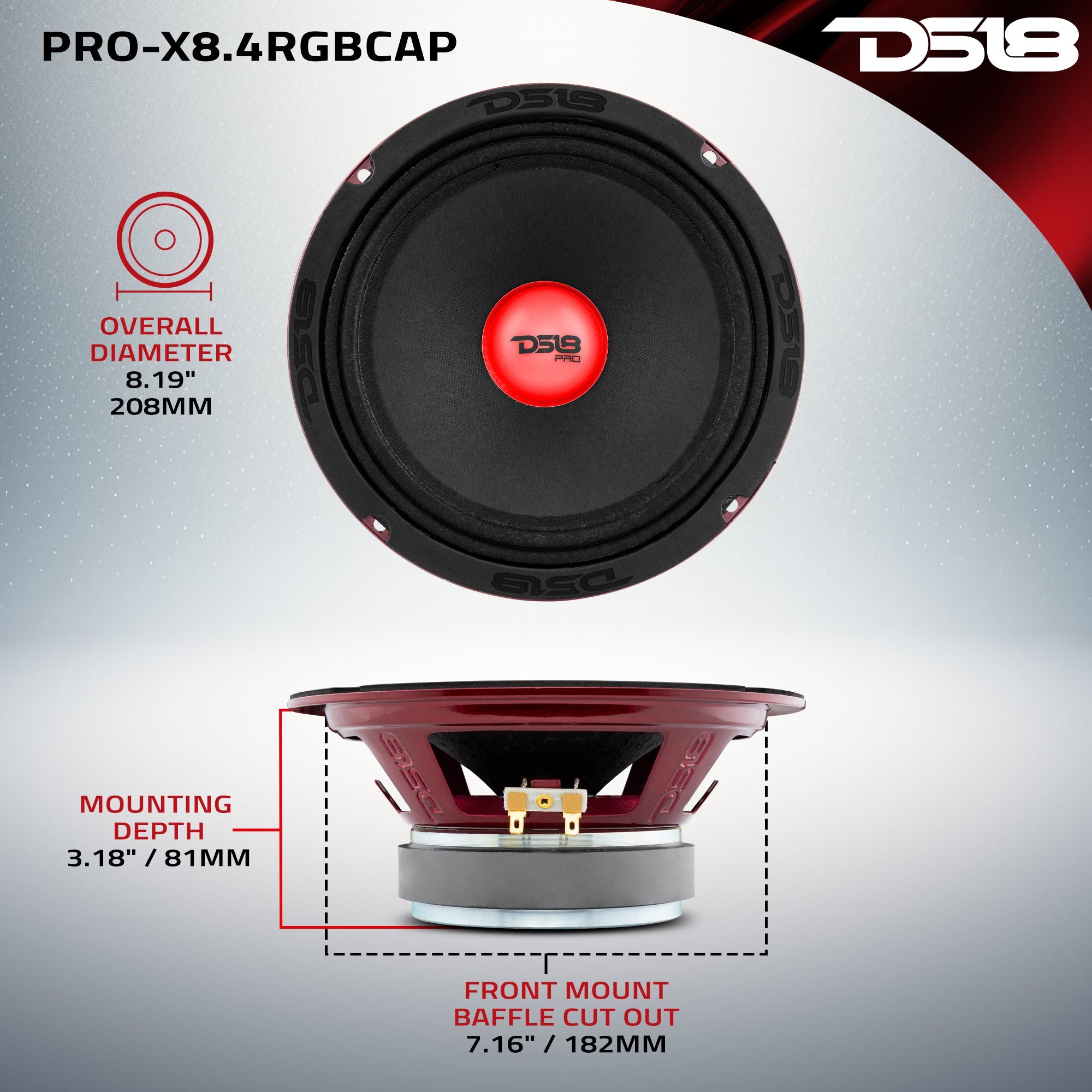 PRO-X 8" Mid-Range Loudspeaker with RGB Light Dust Cap 275 Watts Rms 4-Ohm - DS18