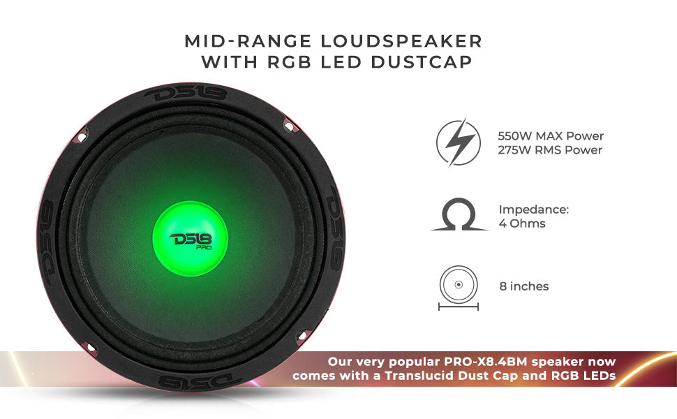 PRO-X 8" Mid-Range Loudspeaker with RGB Light Dust Cap 275 Watts Rms 4-Ohm - DS18