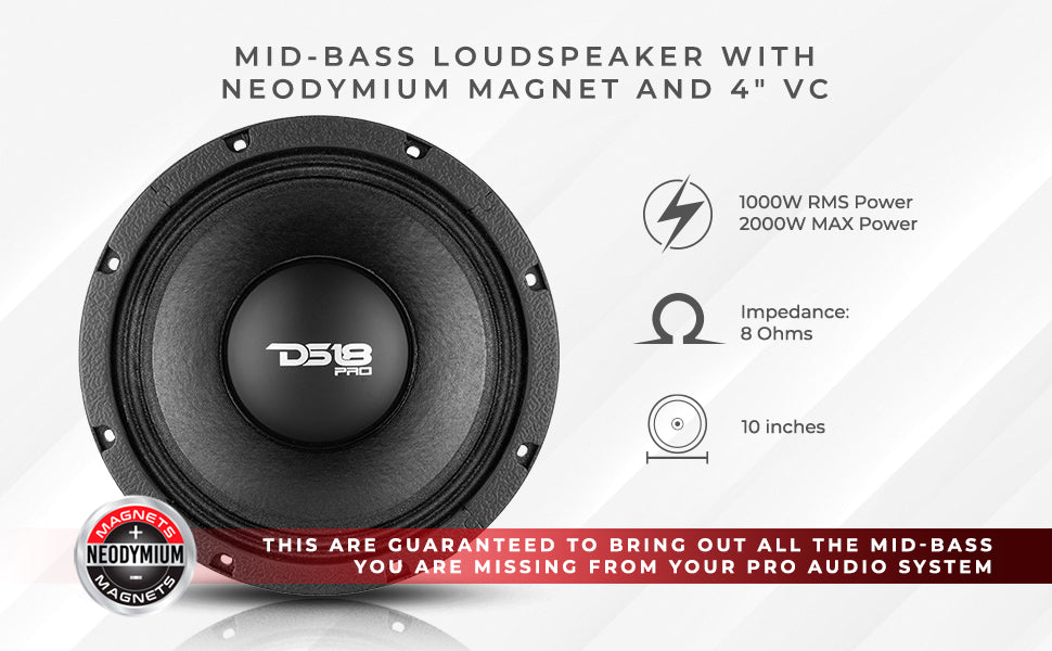 PRO 10" Neodymium Mid-Bass Loudspeaker 1000 Watts Rms 8-Ohm - DS18