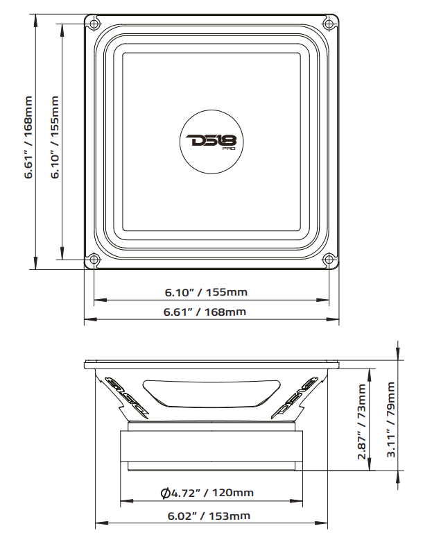 PRO 6.5" Square Midrange Loudspeaker 450 Watts 4-ohm - DS18