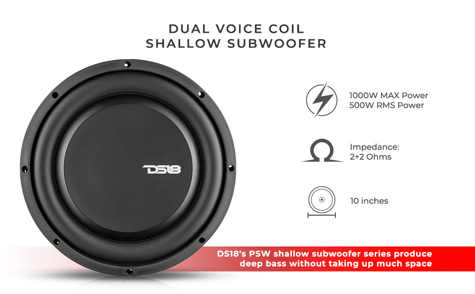 PS Shallow-Mount Water Resistant 10" Subwoofer | 500W RMS DVC 2-Ohm - DS18