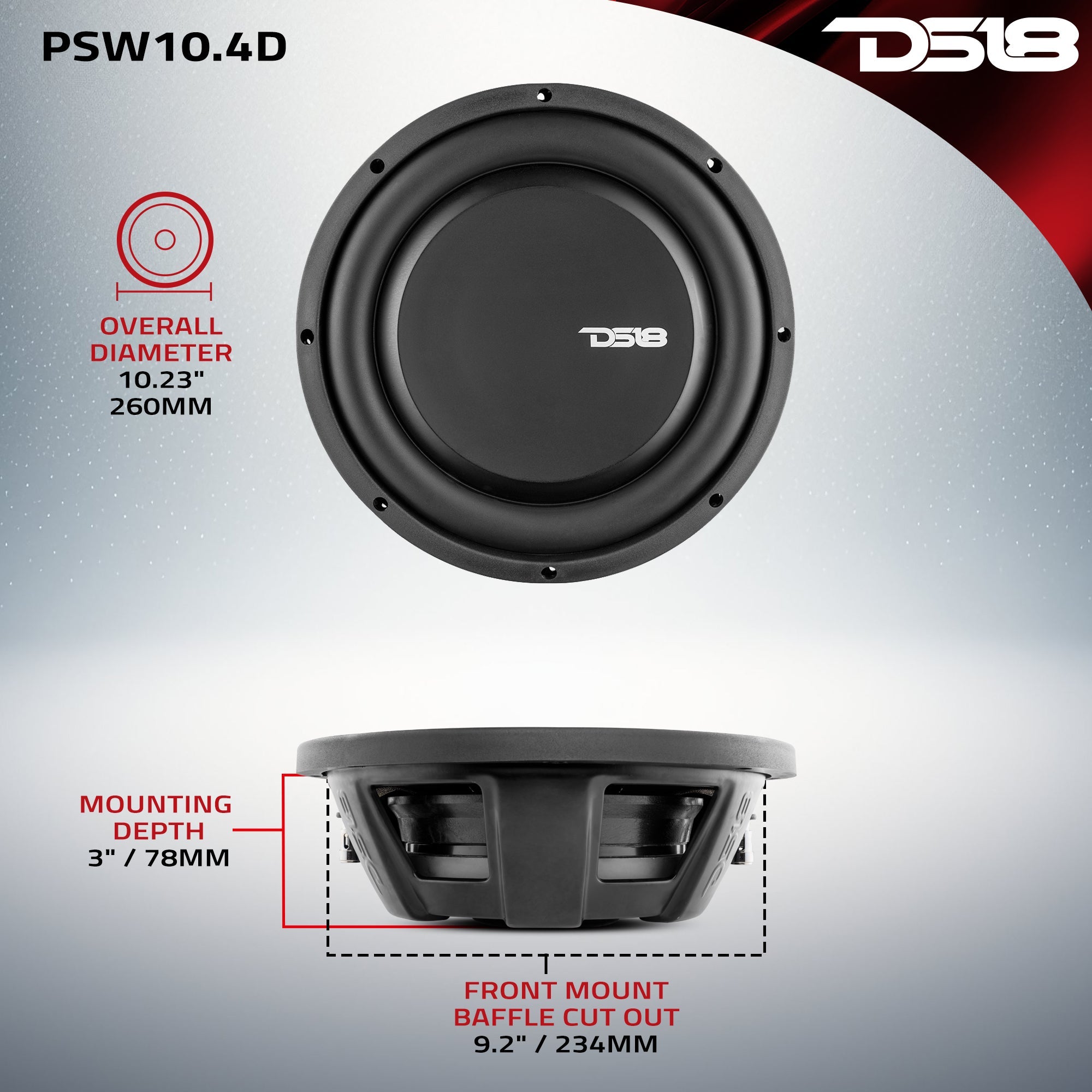 PS Shallow-Mount Water Resistant 10" Subwoofer | 500W RMS DVC 4-Ohm - DS18