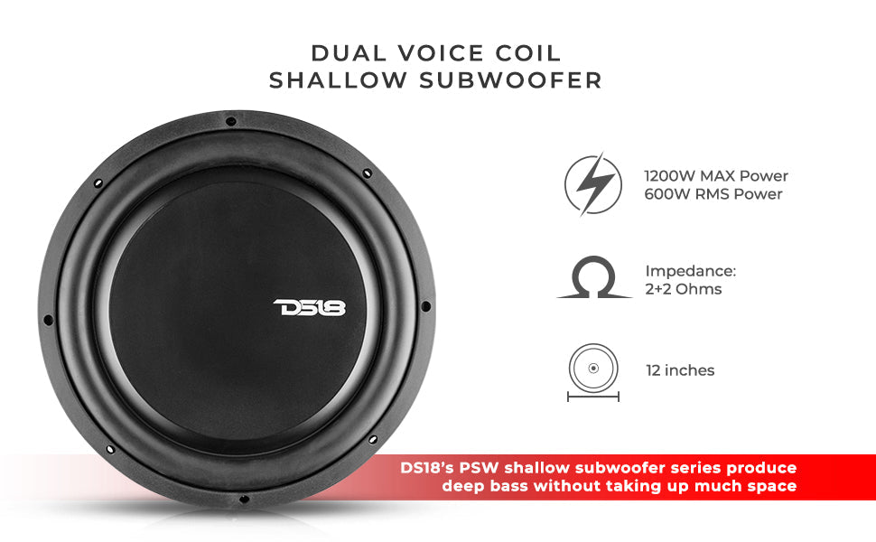 PS Shallow-Mount Water Resistant 12" Subwoofer | 600W RMS DVC 2-Ohm - DS18