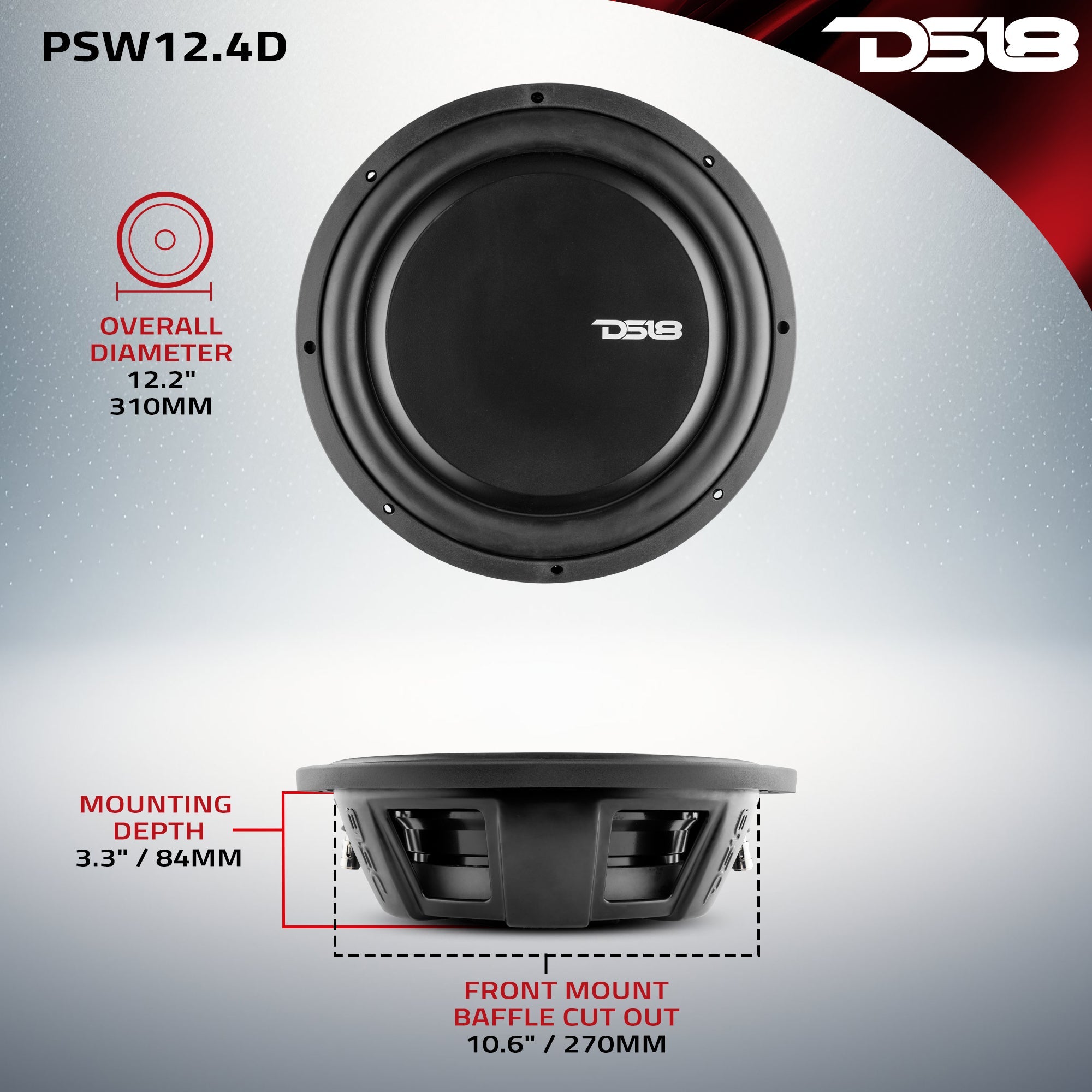 PS Shallow-Mount Water Resistant 12" Subwoofer | 600W RMS DVC 4-Ohm - DS18