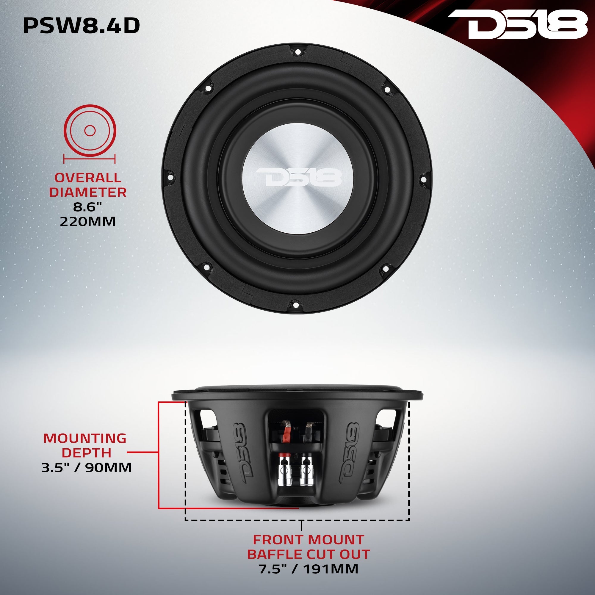 PS Shallow-Mount Water-Resistant 8" Subwoofer | 400W RMS DVC 4-Ohm - DS18