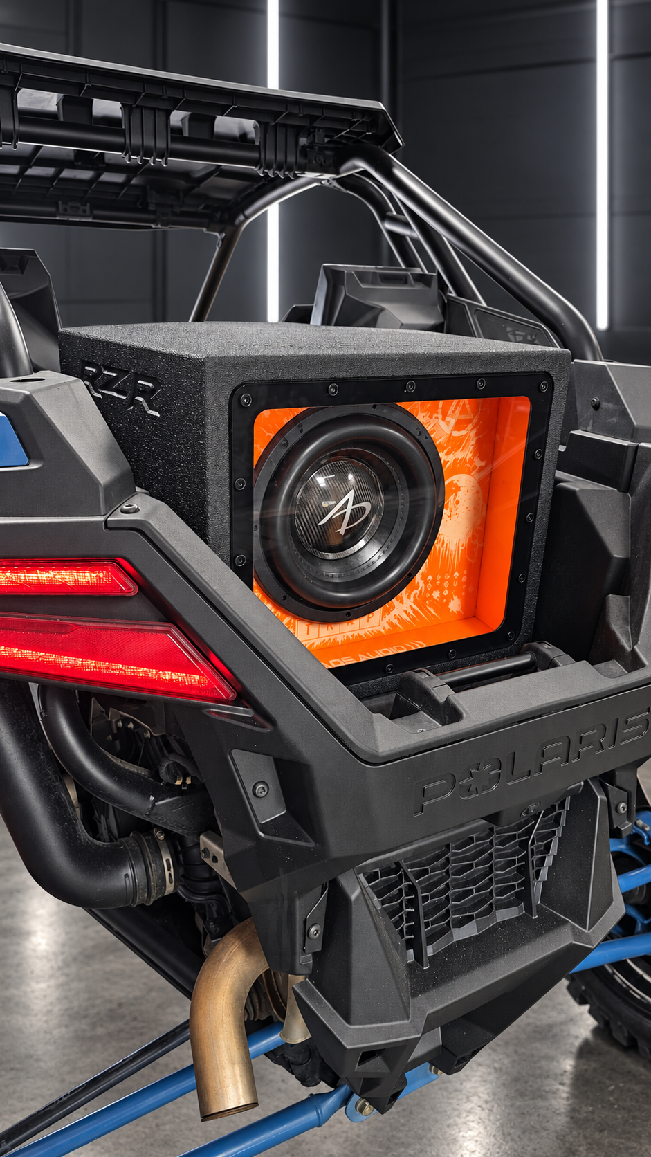 Polaris RZR Slammer Box installed with Audio Dynamics 4312-D2 subwoofer