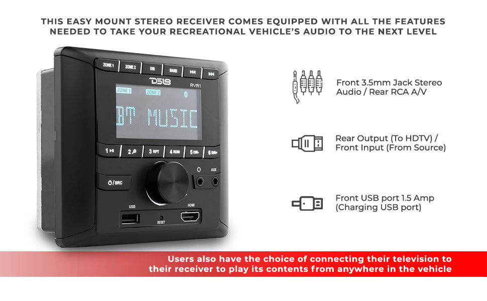 RV and Trailers Headunit 2.75" LCD screen , 2 Zones, 4 volts Output,HDMI, BT, RDS 4 X 50 Watts - DS18