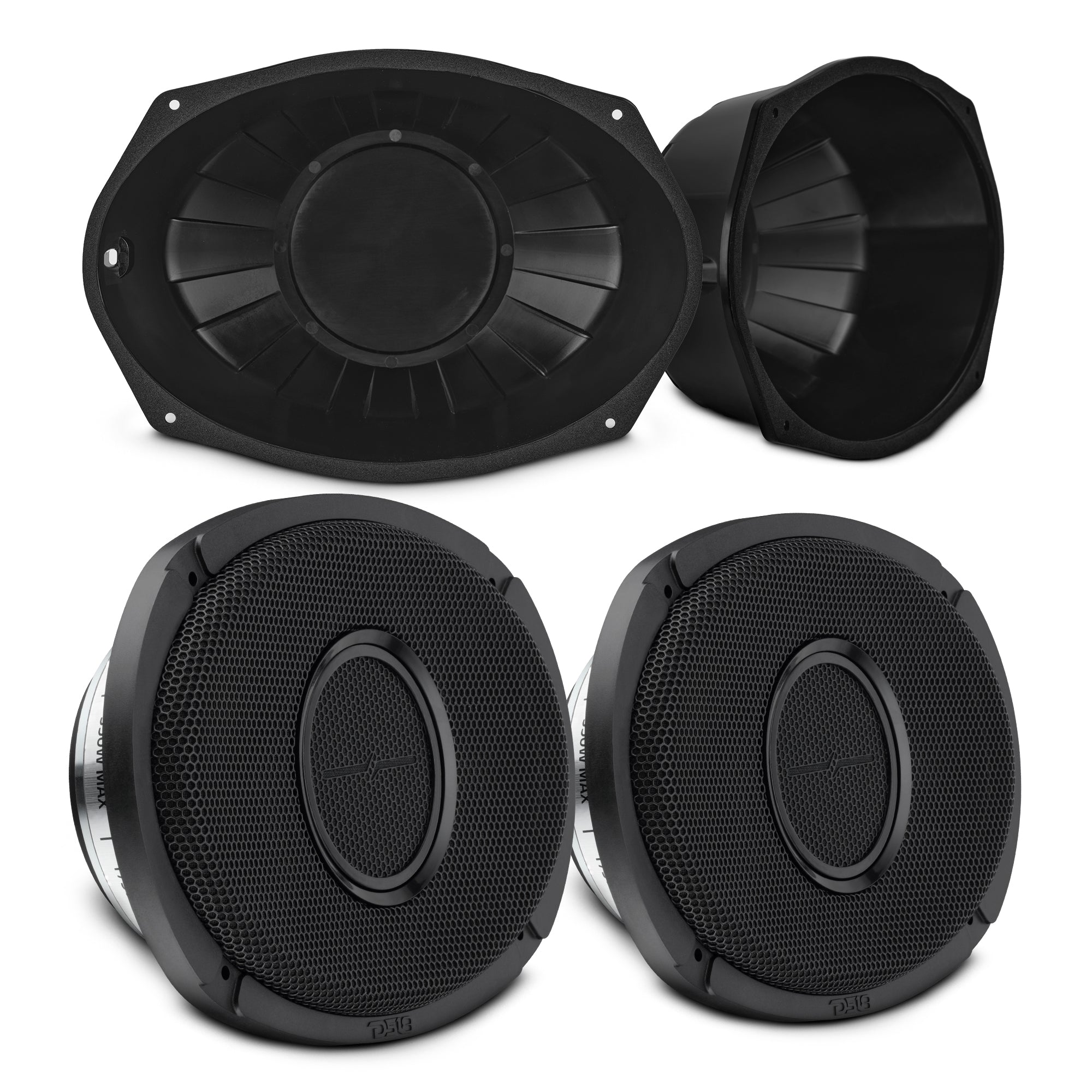 6x9” Hybrid Motorcycle Speaker Bundle – Slim 2-Way Loudspeakers + Sealed ABS Baffles (Pair) | IP65 Water-Resistant, High
