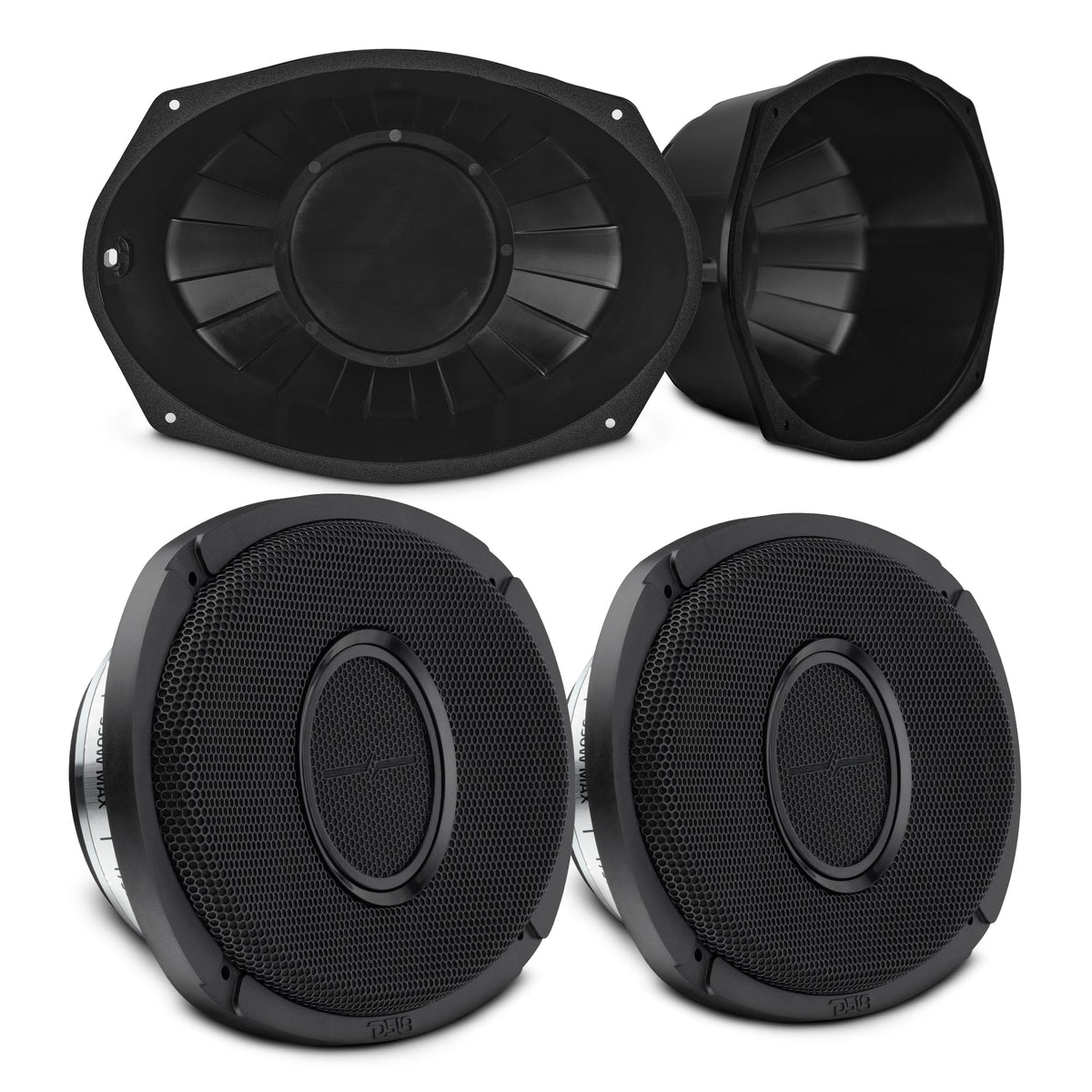 6x9” Hybrid Motorcycle Speaker Bundle – Slim 2-Way Loudspeakers + Sealed ABS Baffles (Pair) | IP65 Water-Resistant, High