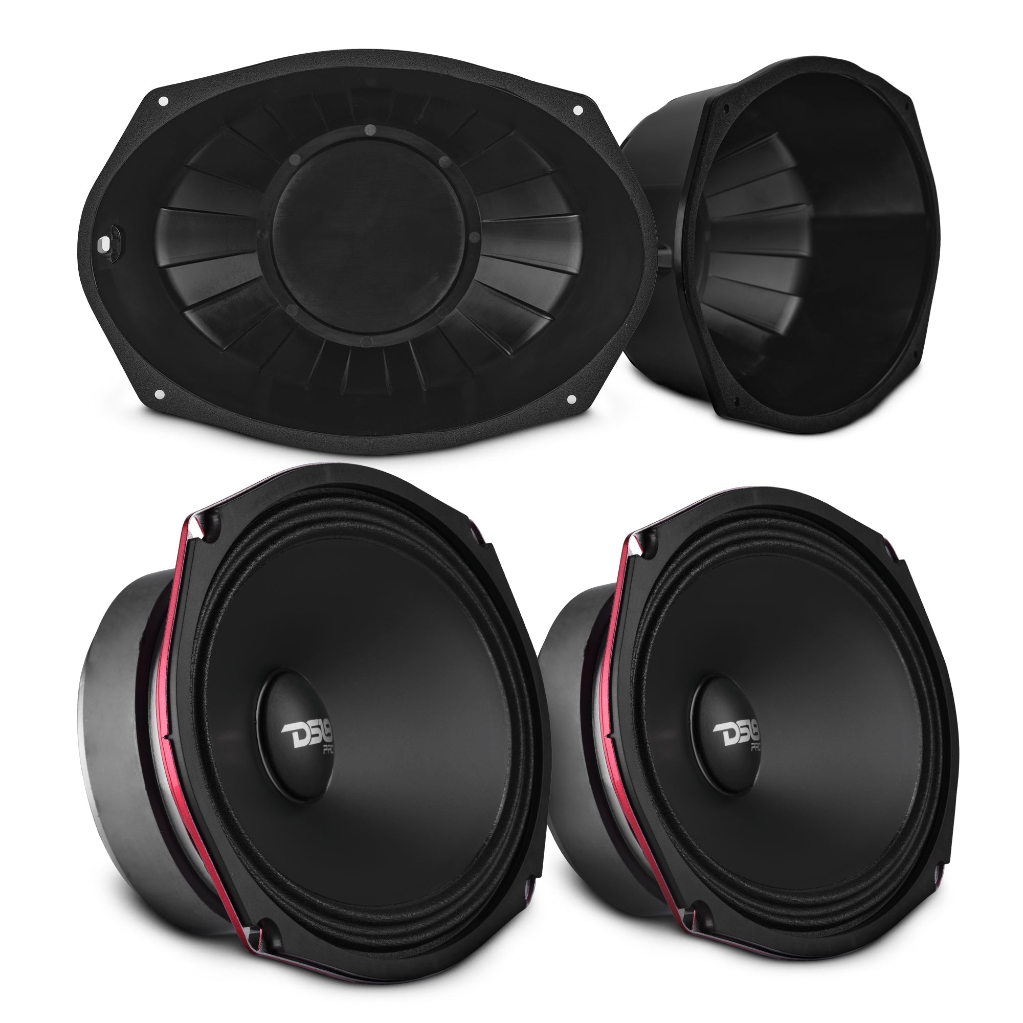 6x9” Motorcycle Audio Bundle – Shallow Water-Resistant Midrange Loudspeakers + Sealed ABS Baffles (Pair) | High Output, Easy