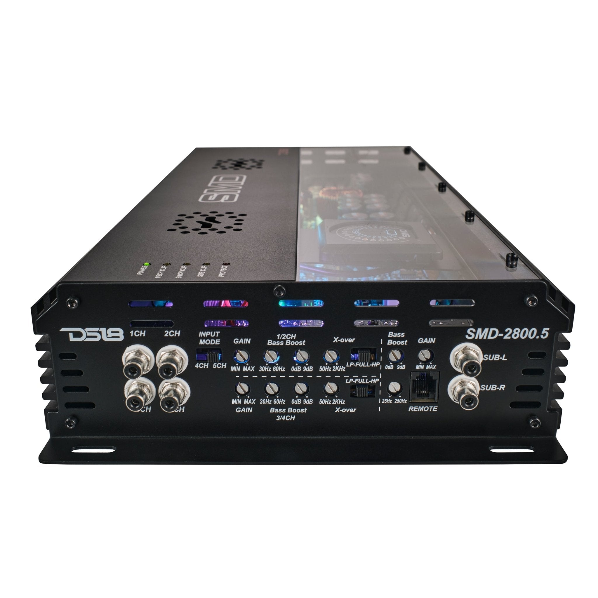 SMD 5-Channel Amplifier with VM-1 Voltmeter and Digital LED Lights 4 x 250W at 2-Ohm Class AB + 1 x 1800W at 1-Ohm Class D