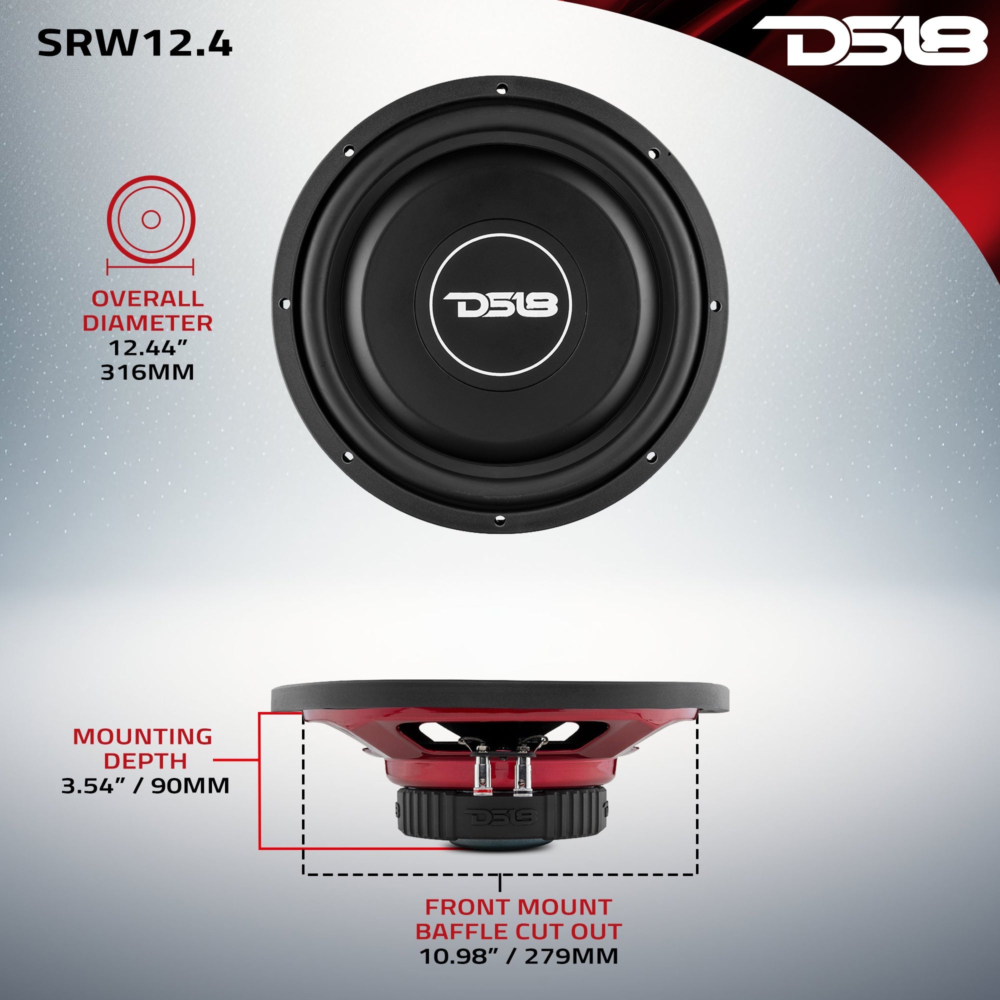 SRW Shallow-Mount 12" Subwoofer 220 Watts Rms SVC 4-Ohm - DS18