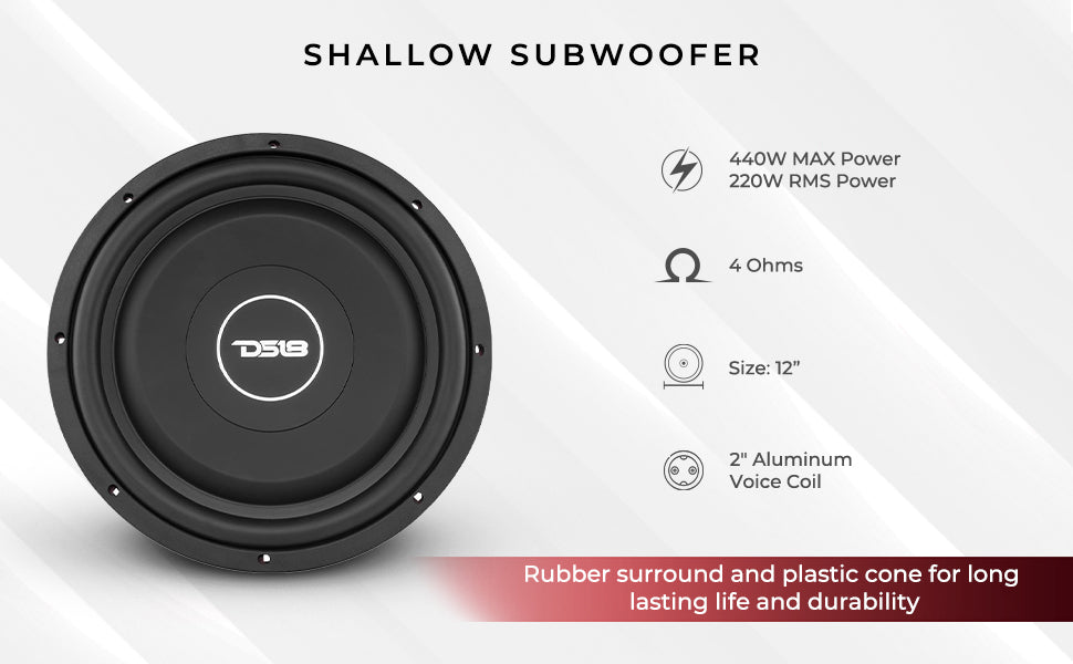 SRW Shallow-Mount 12" Subwoofer 220 Watts Rms SVC 4-Ohm - DS18
