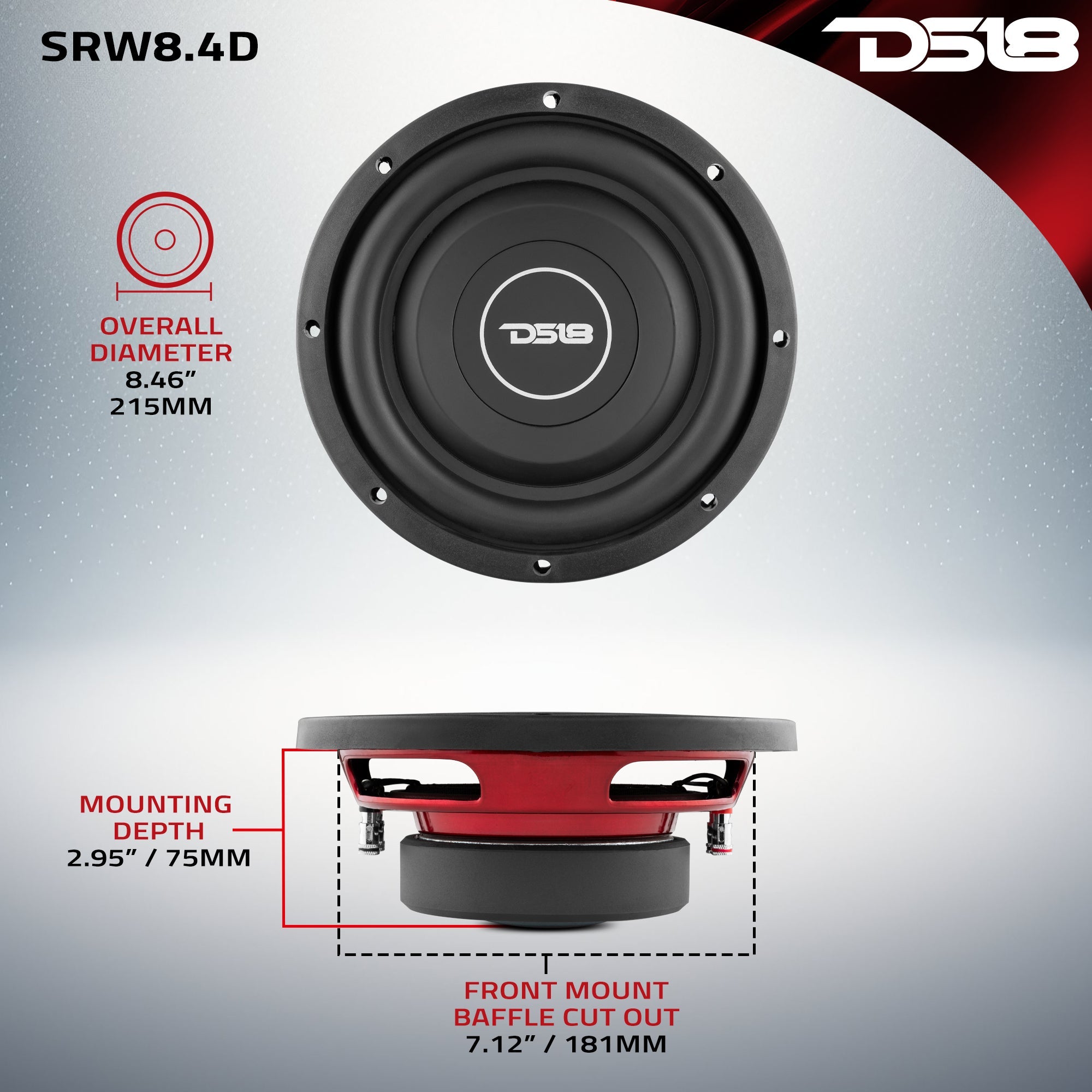 SRW Shallow-Mount 8" Subwoofer 150 Watts Rms DVC 4-Ohm - DS18