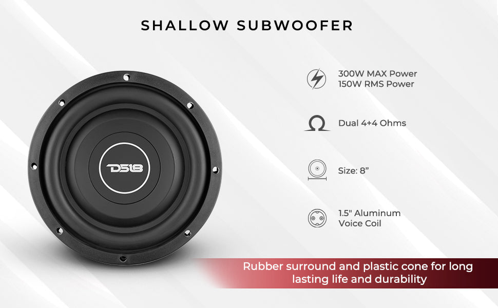 SRW Shallow-Mount 8" Subwoofer 150 Watts Rms DVC 4-Ohm - DS18