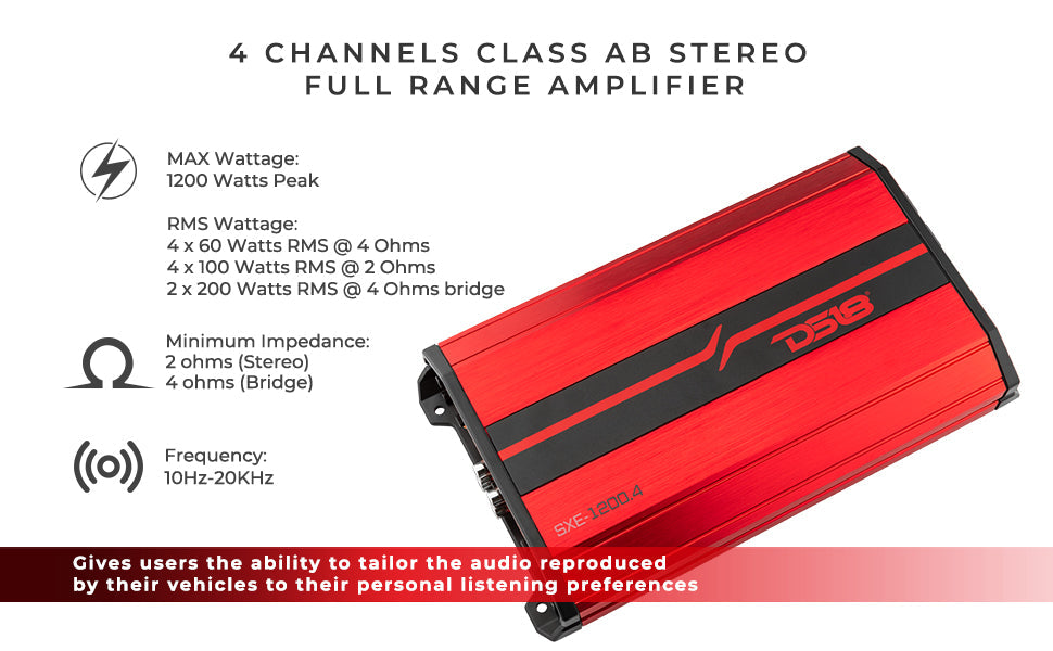 SXE Class A/B 4-Channel Full-Range Amplifier 4 x 60 RMS @ 4-Ohm 1200 Watts - DS18