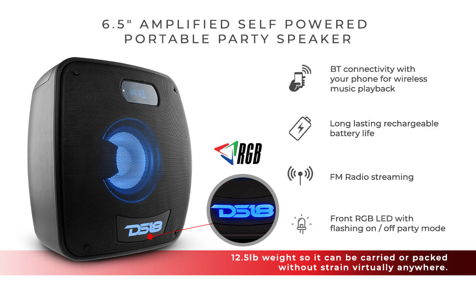 TLV 6.5" Amplified With Battery Self Powered Party Speaker With RGB LED Lights Bluetooth and TWS 200 Watts - DS18
