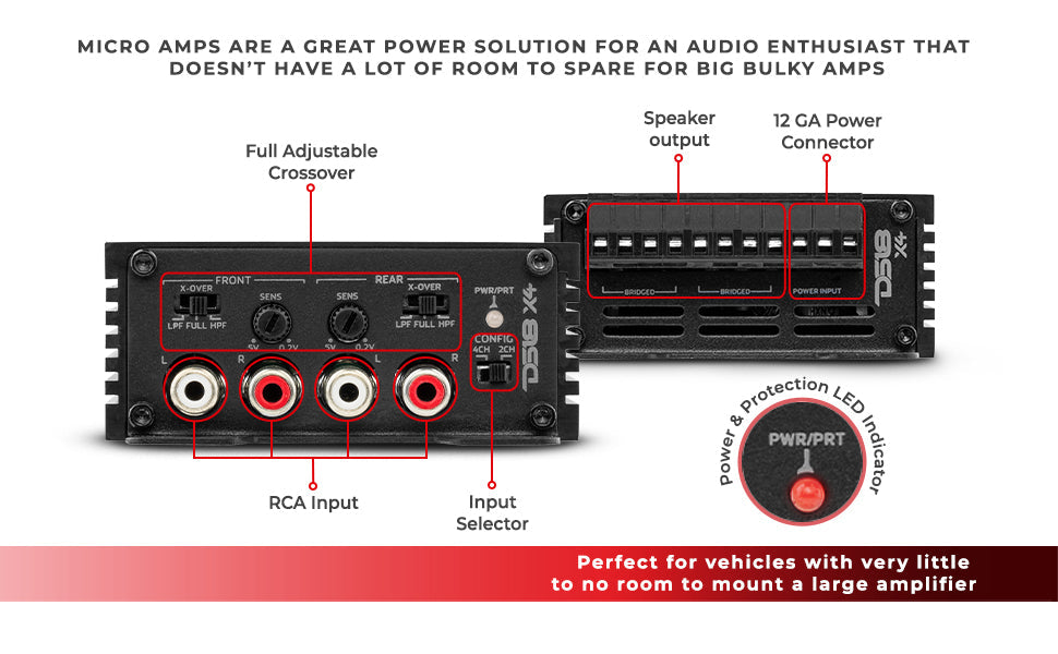 X 4-Channel Ultra Compact Class D Amplifier 4 x 70 Watts Rms @ 4-ohm - DS18