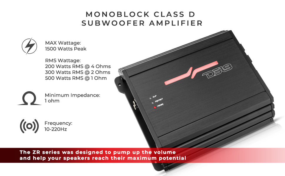 ZR 1-Channel Class D Amplifier 500 Watts Rms @ 1-Ohm - DS18