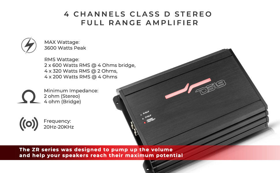 ZR 4-Channel Class D Amplifier 4 x 200 Watts Rms @ 4-ohm - DS18