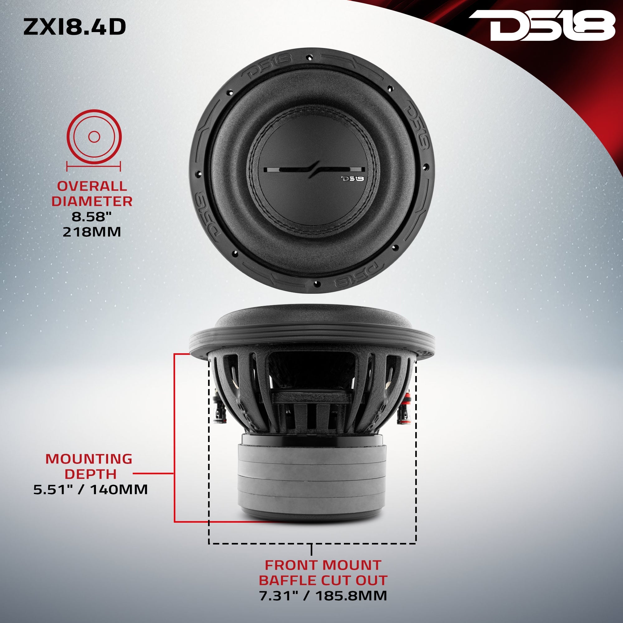 ZXI 8" High Excursion Subwoofer Quad Stacked Magnets | 600W RMS DVC 4-Ohm - DS18