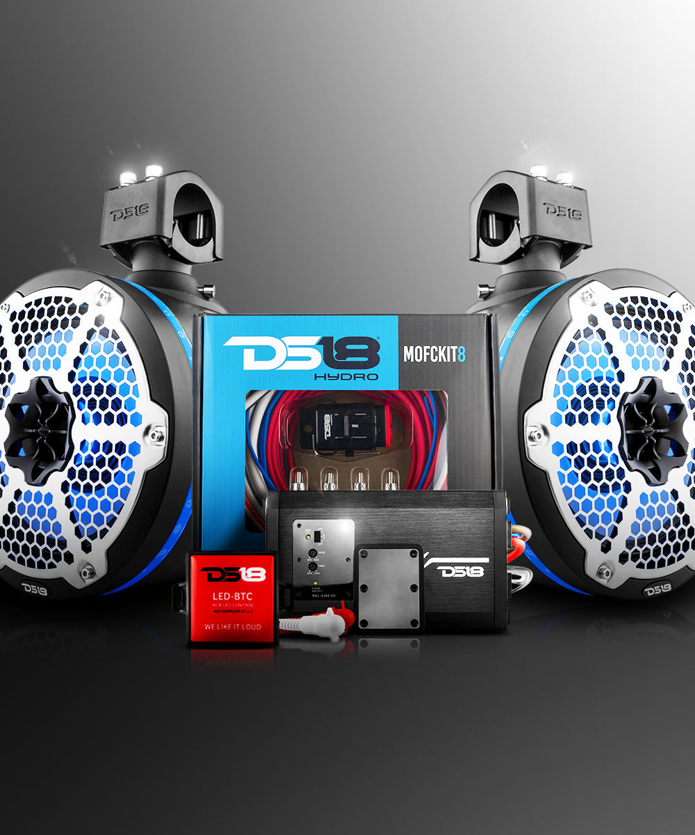 DS18 Better Marine Stereo Package 2 x 8” Speaker Tower | 1 x 2 Ch Amplifier | 1 x MOFCKIT8 and 1 x LED-BTC - DS18