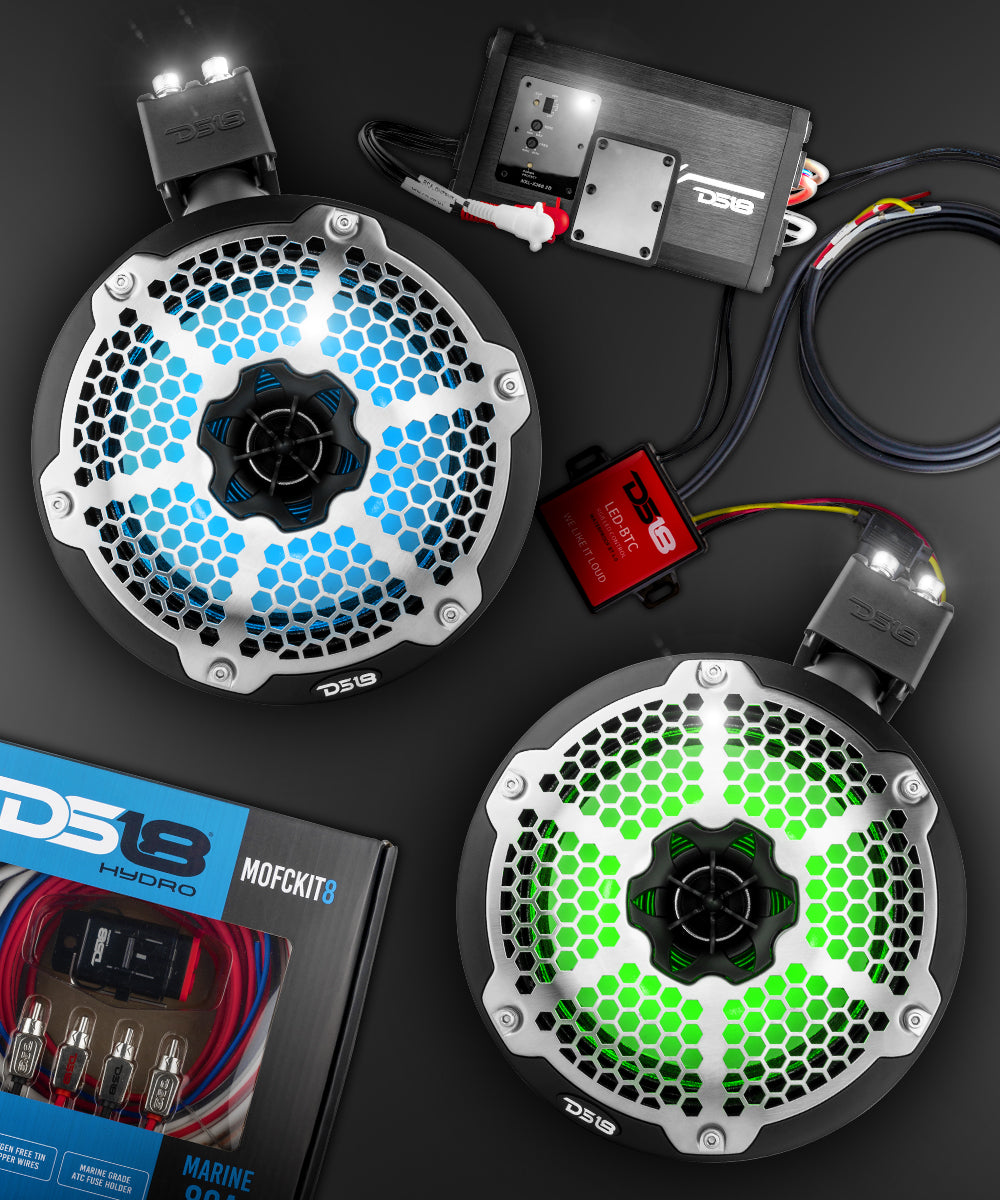 DS18 Better Marine Stereo Package 2 x 8” Speaker Tower | 1 x 2 Ch Amplifier | 1 x MOFCKIT8 and 1 x LED-BTC - DS18