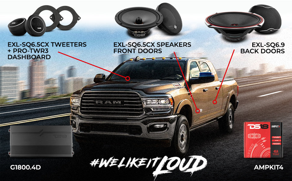 DS18 2012-2021 RAM 2500 Crew and Quad Cab Front and Back Doors Speakers Best Upgrade/Replacement Package 1800 Watts - DS18