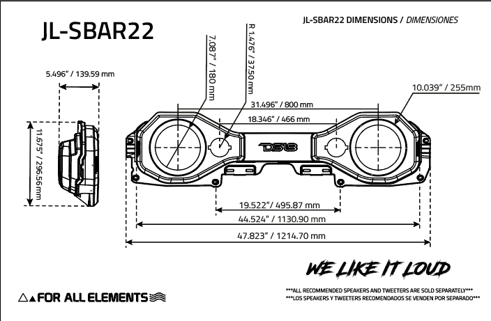 Jeep JL/JLU,JT Overhead Bar System Fits 2 X 8" Speakers and 2 X 3.78" Tweeters -Black - DS18