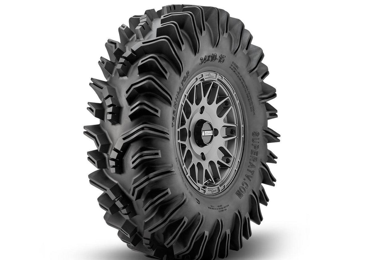 Intimidator Tires 34x10x15 on 15in. Matte Titanium Hellfire Wheels 5/4.5 Pattern
