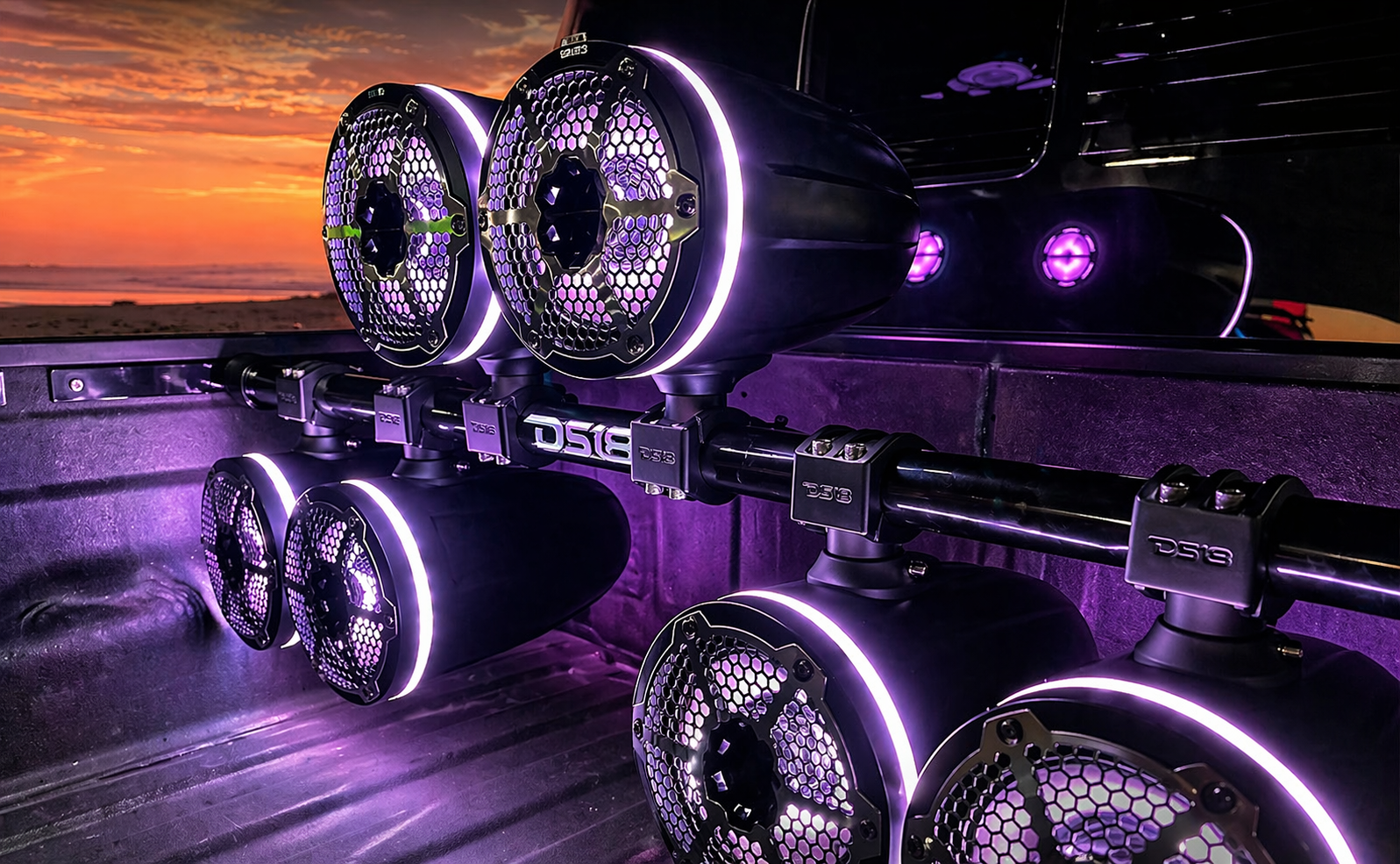 Jeep Gladiator JT Mounting Bar + 4x 8” Marine Tower Speakers with RGB LED Lights - DS18