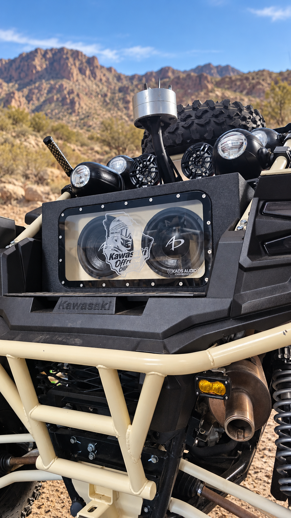 Rear angle view of Kawasaki KRX dual 10-inch bandpass enclosure