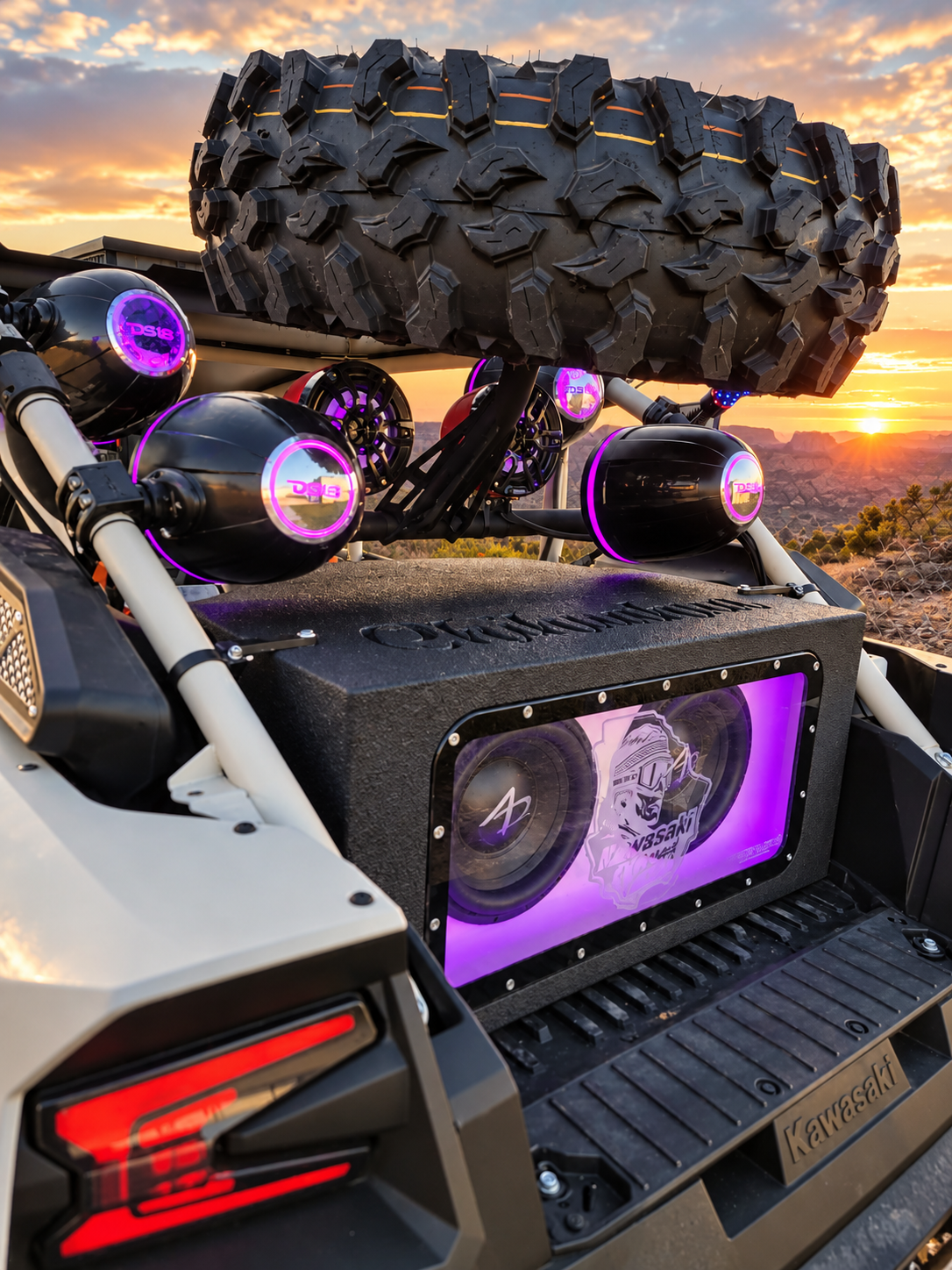 Kawasaki Teryx KRX dual 10-inch bandpass enclosure outdoor installation