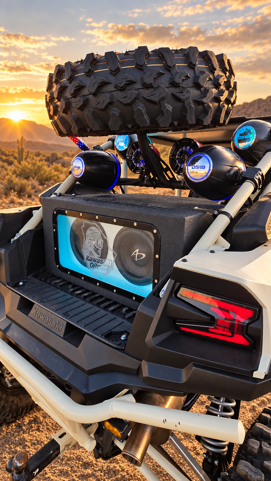 Kawasaki Teryx KRX dual 10-inch bandpass enclosure on an off-road trail