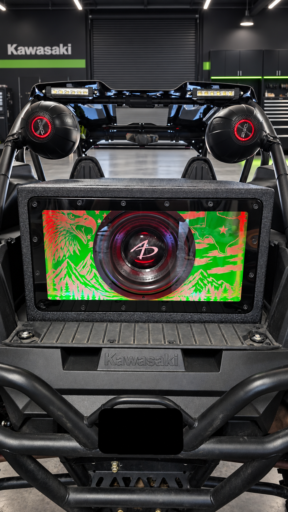 Kaos Kawasaki KRX Slammer Box with Audio Dynamics 12-inch subwoofer installed