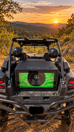 Rear view of Kawasaki KRX Slammer Box installed on trail