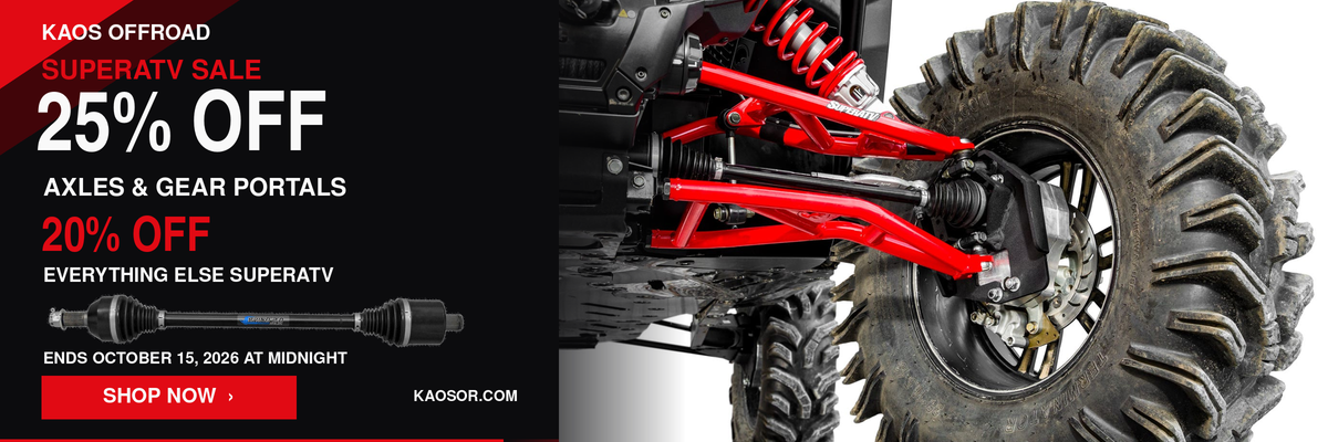 SuperATV sale: 25% off axles and gear portals, 20% off everything else SuperATV. Ends October 15, 2026 at midnight.