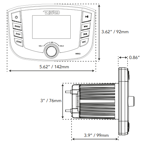 Marine and Powersports Headunit 3" LCD screen , 2 Zones, 4 volts Output, BT, RDS 4X50 Watts - DS18