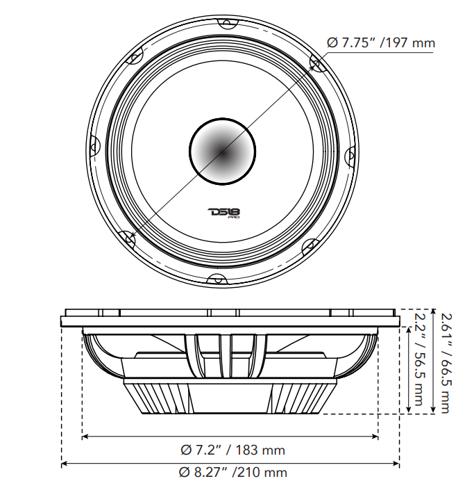 PRO 8" Slim Neodymium Mid-Range Loudspeaker with Bullet | 500W 4-Ohm - DS18