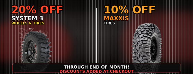 Promotional banner for tire discounts on System 3 wheels and Maxxis tires with text indicating special offers.