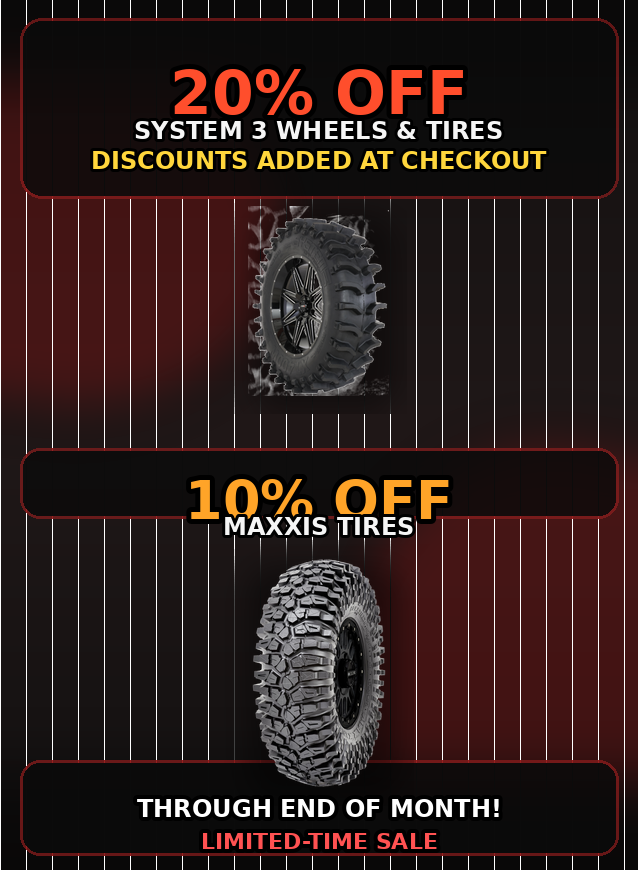 Promotional graphic for discounts on system 3 wheels and tires, with a focus on Maxxis tires.